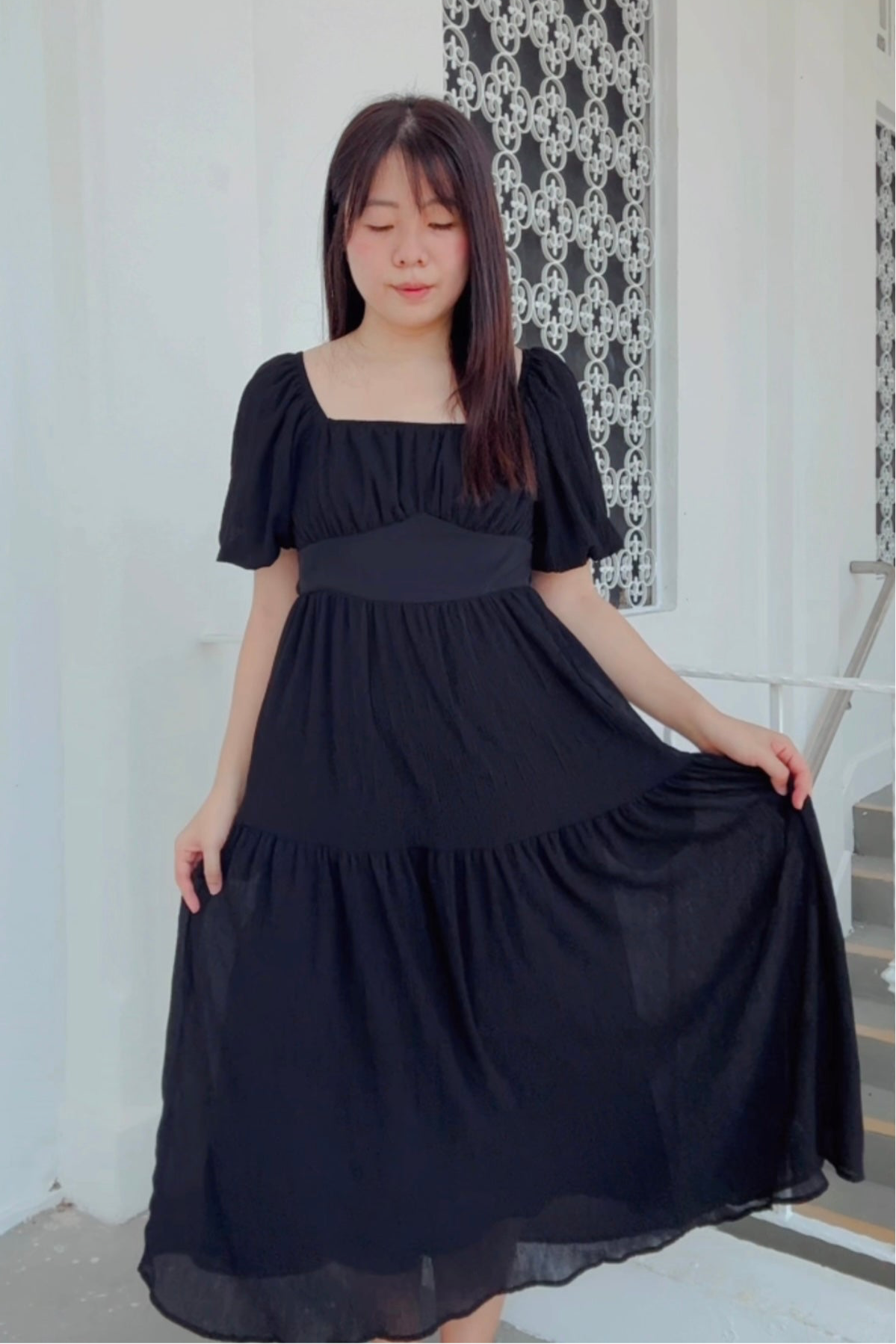 Ethereal Black V3 Smocked Midi Dress
