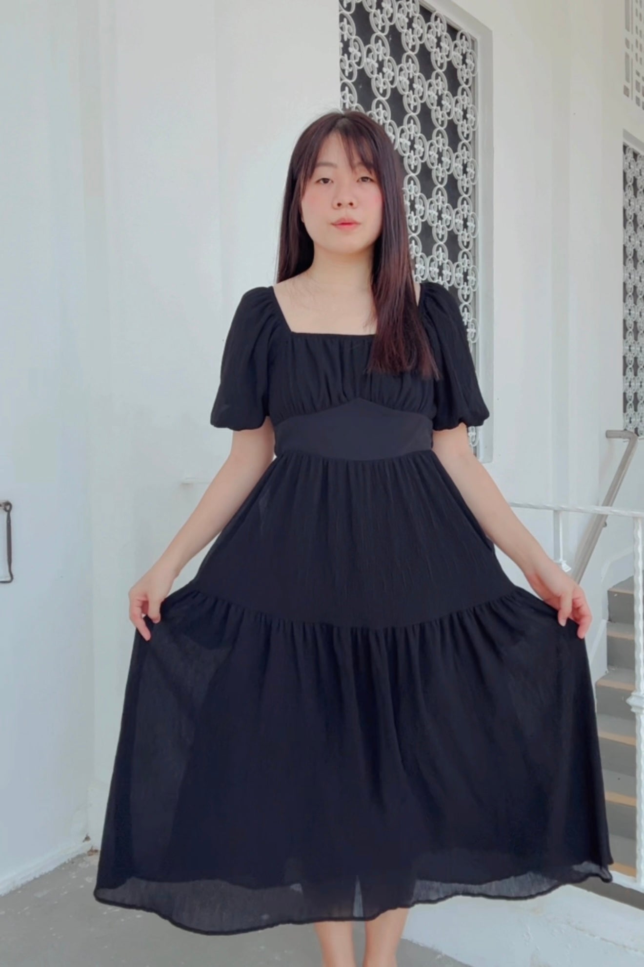 Ethereal Black V3 Smocked Midi Dress