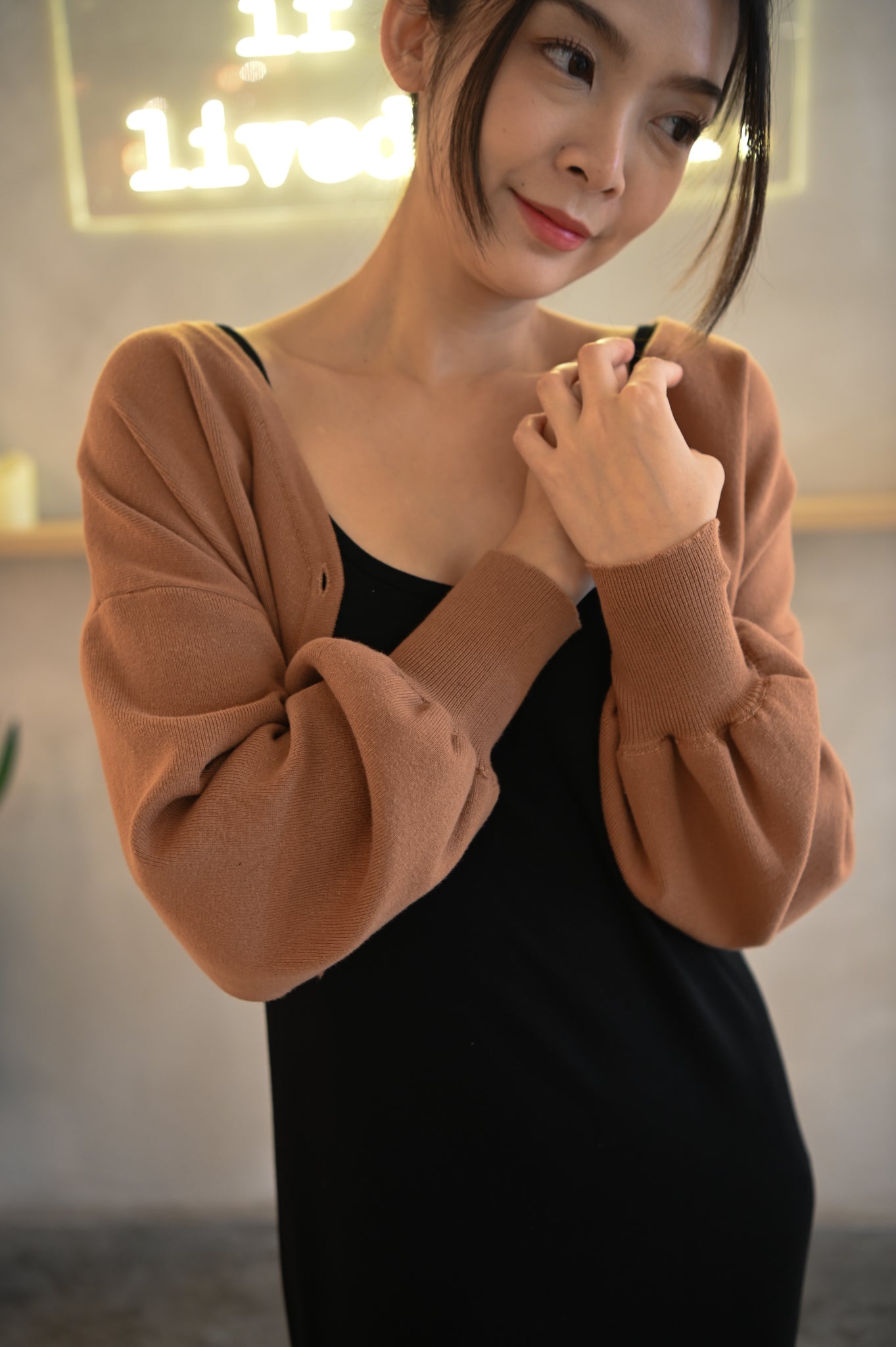 Railey Balloon Sleeve Knitted Cardigan (Caramel)
