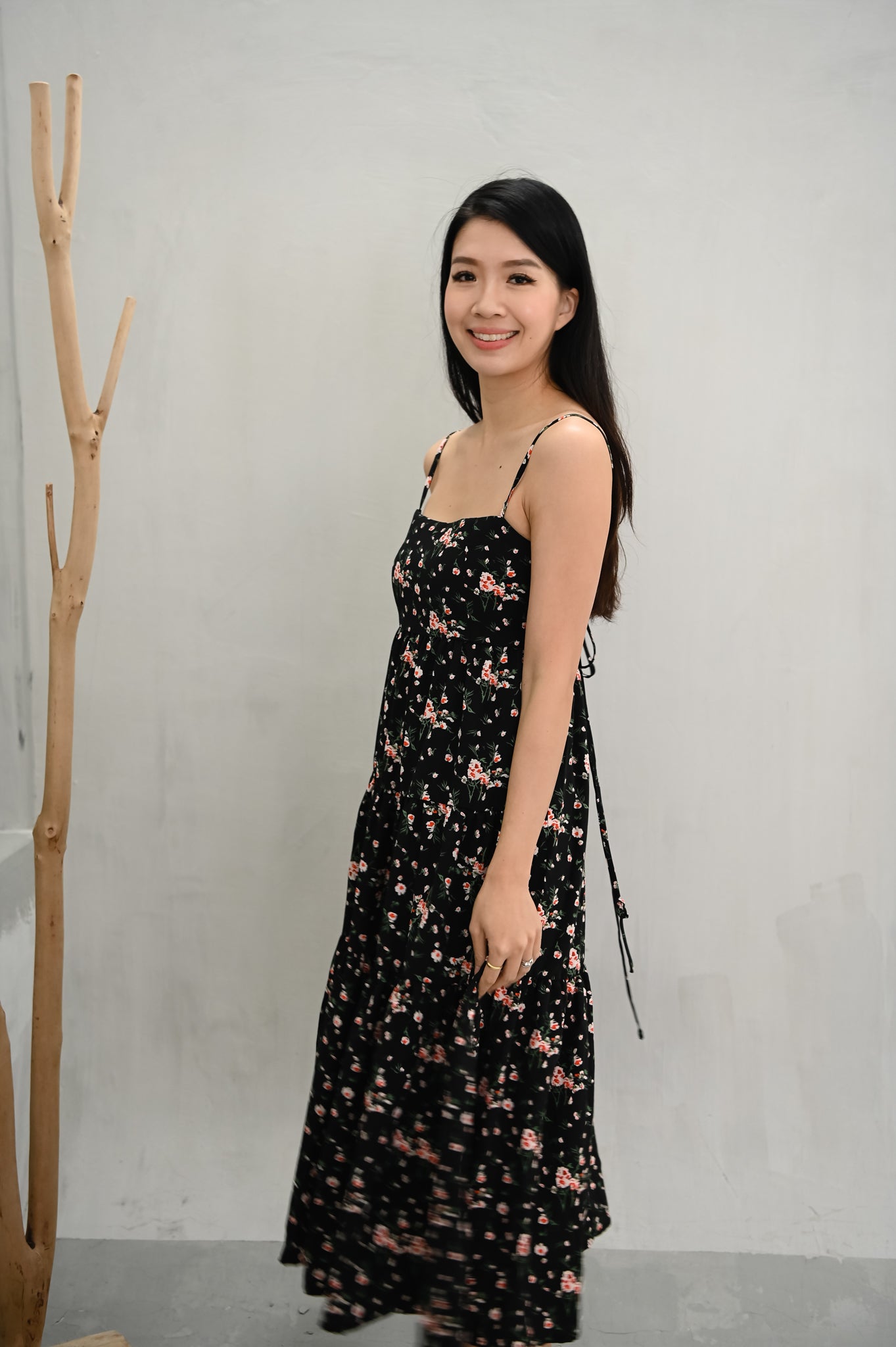 Julie Midi Silk Dress (Black Floral)