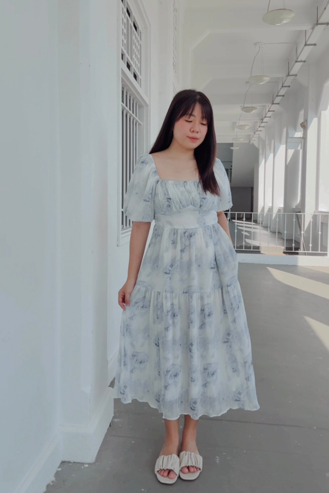 Ethereal Blue Rose V3 Smocked Midi Dress