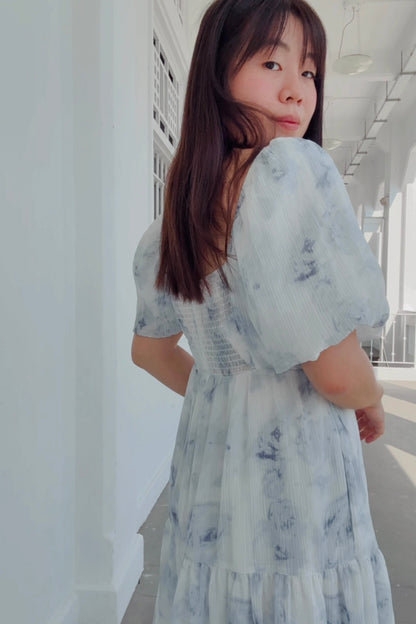 Ethereal Blue Rose V3 Smocked Midi Dress