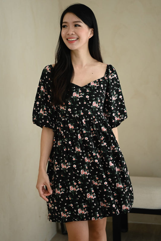 Adriana Smocked Sleeve Silk Dress (Black Floral)