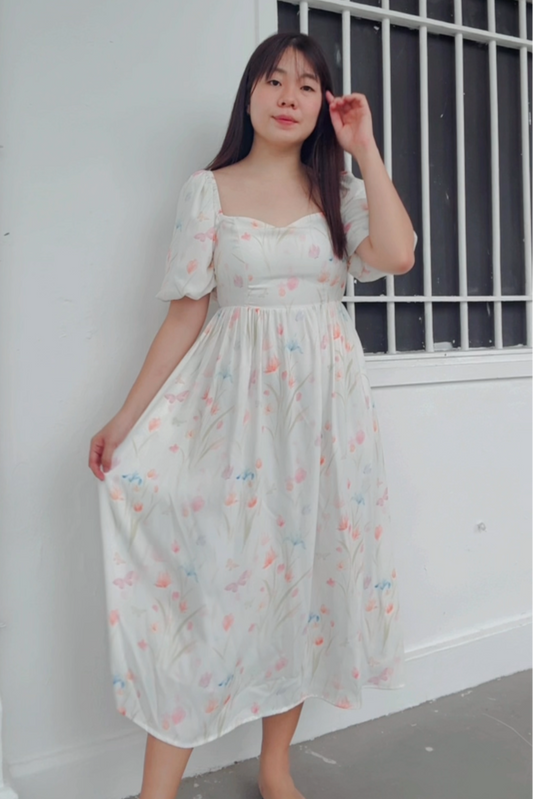 Bella Butterfly Floral Smocked Padded Midi Dress