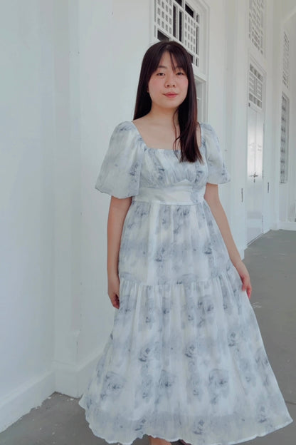 Ethereal Blue Rose V3 Smocked Midi Dress