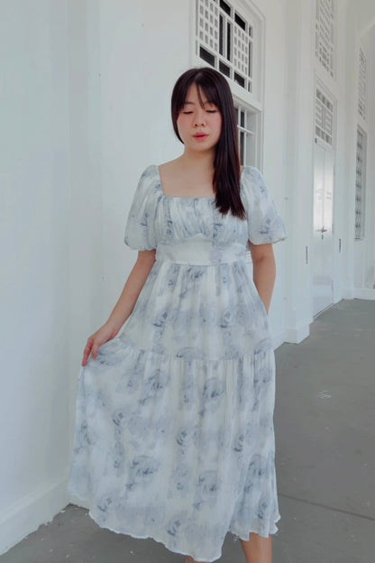 Ethereal Blue Rose V3 Smocked Midi Dress