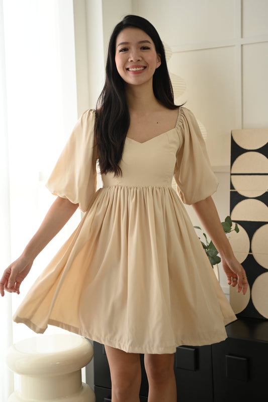 Adriana Smocked Sleeve Silk Dress (Nude)