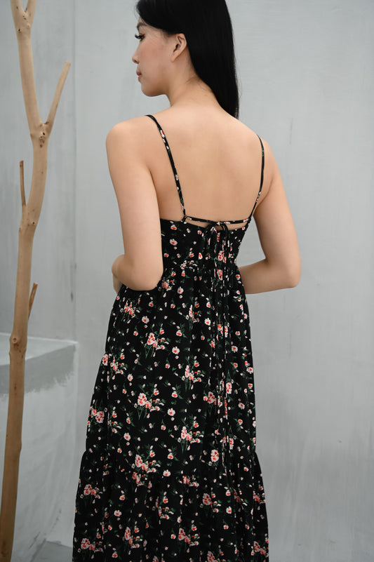 Julie Midi Silk Dress (Black Floral)