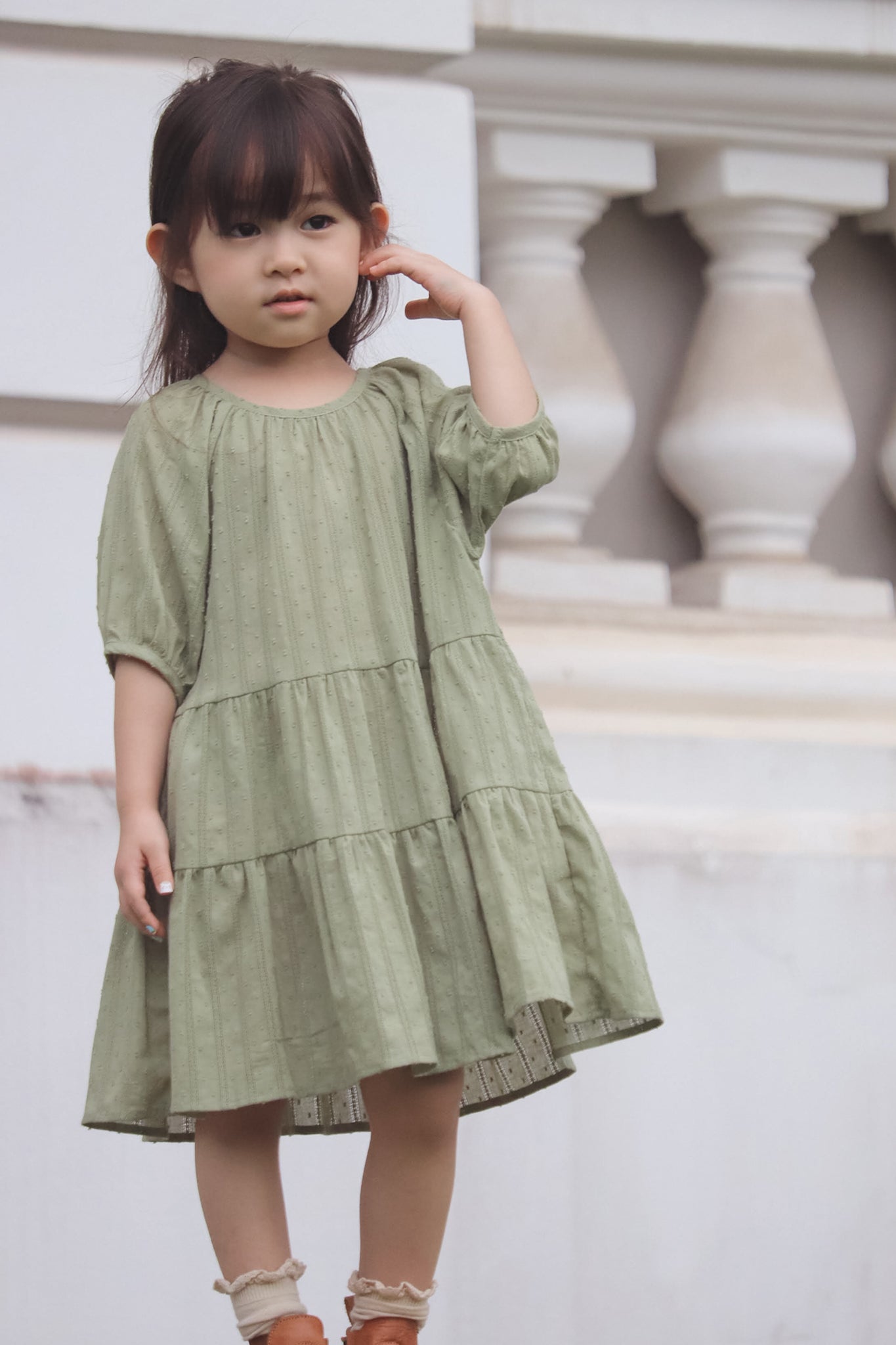 Adele Swiss Dot Kids Dress (Olive)